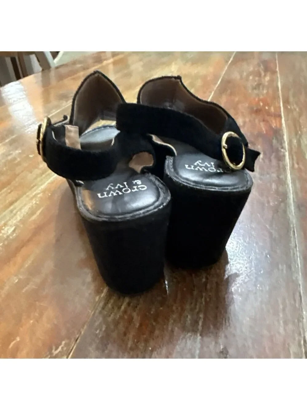 Crown & Ivy Black Suede Peep Toe Wedge Sandals Size 6